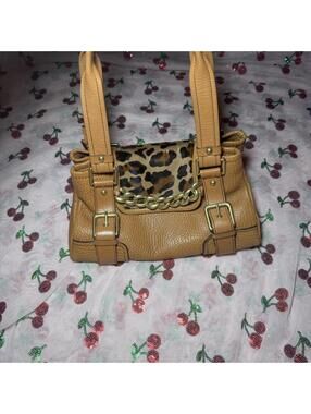 Kenneth Cole Leopard print and tan leather handbag with chain detail  #leather